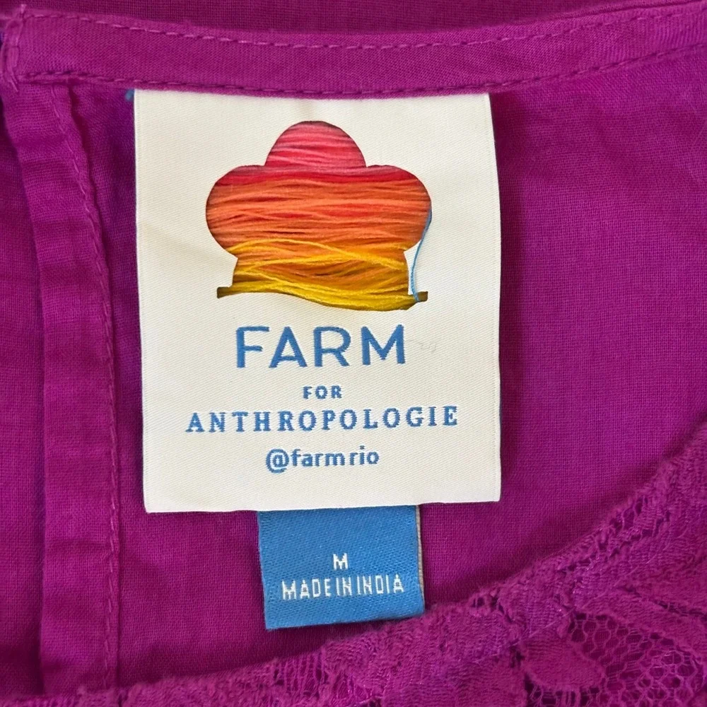 Farm Rio X Anthropologie Kelsie Peasant Blouse Sz M Purple Boho Puff Sleeve Lace